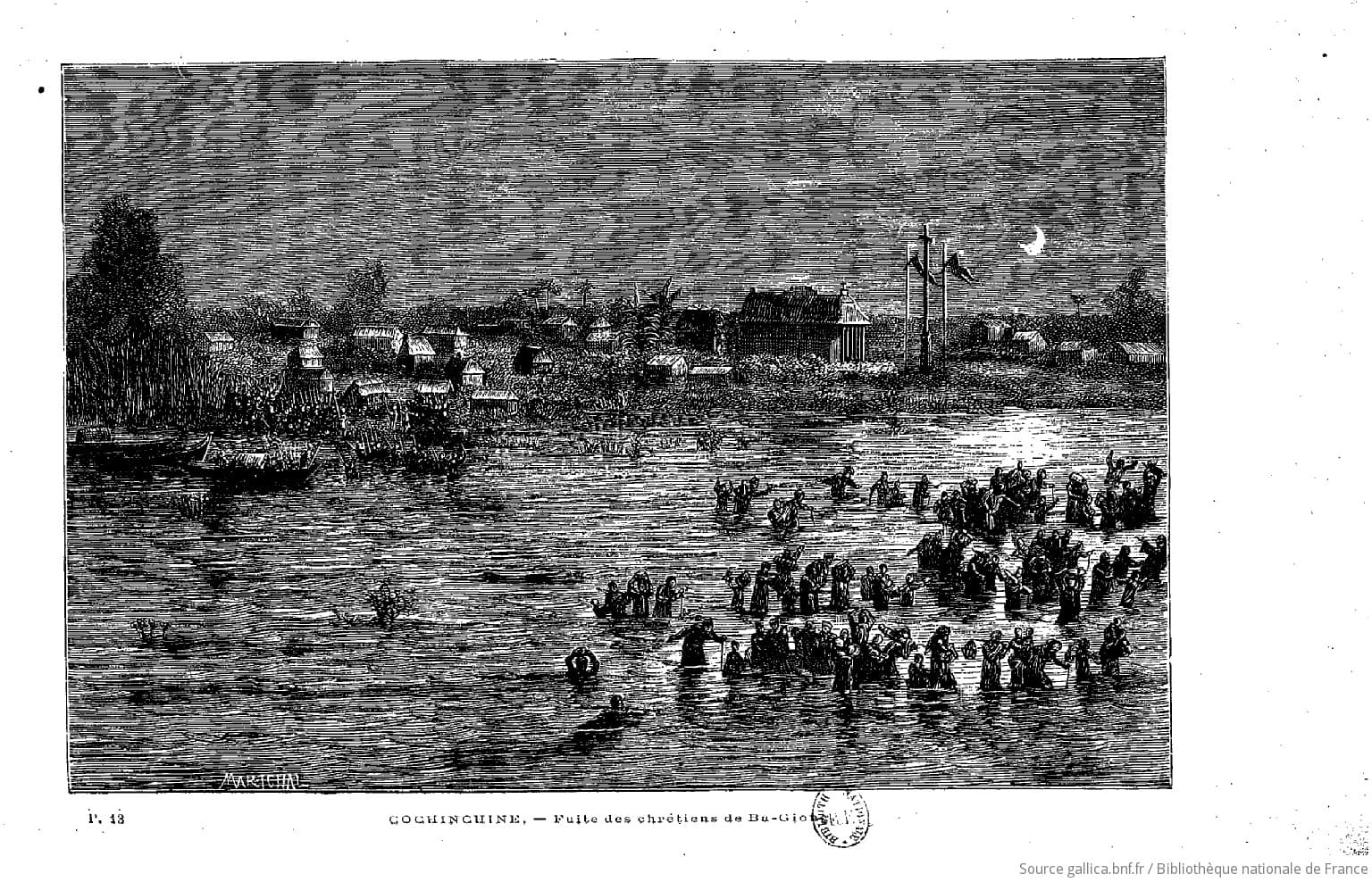 Bản khắc gỗ "COCHINCHINE. — Fuite des chrétiens de Ba-Giong" (Giáo hữu Ba Giồng tháo chạy), p.13. Đêm khuya, hàng trăm giáo dân lội qua sông trong bóng tối, ánh trăng non le lói. Phía sau vẫn thấy bóng nhà thờ với hai cây thánh giá. Khắc bởi Marichal. Gallica (BnF), ark:/12148/bpt6k58346217.