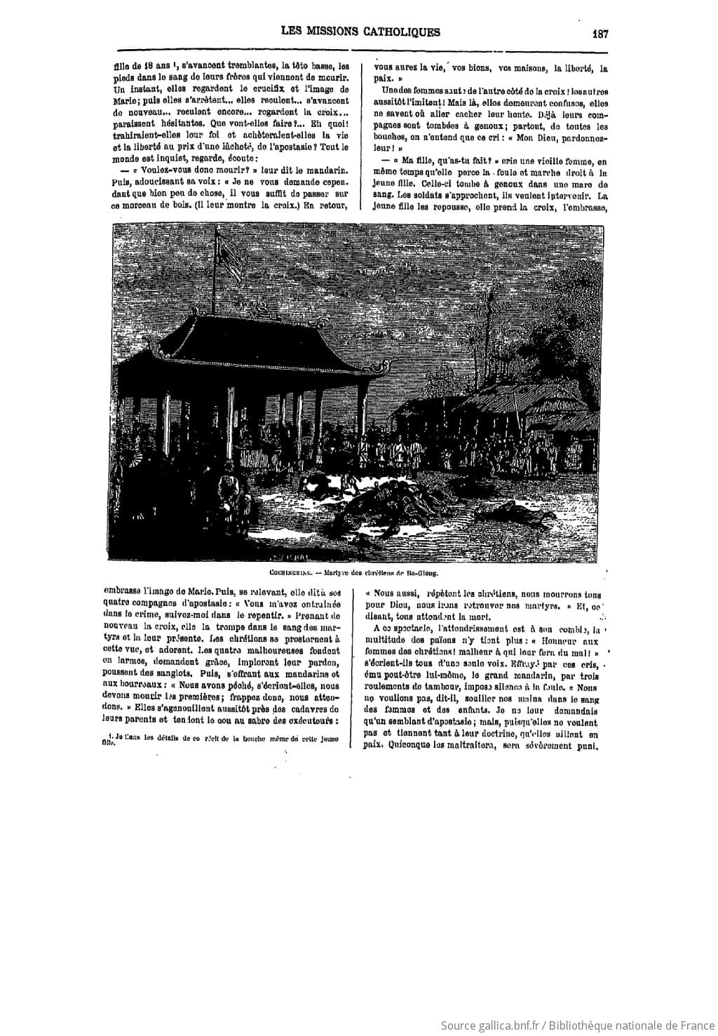Bản khắc gỗ "COCHINCHINE. — Martyre des chrétiens de Ba-Giong" in trong tạp chí Les Missions Catholiques, số ra tháng 4/1882, trang 187 — bản khắc thứ hai về biến cố Ba Giồng, phổ biến đến độc giả châu Âu qua báo chí thừa sai. Nguồn: Gallica (BnF), ark:/12148/bpt6k105622v.