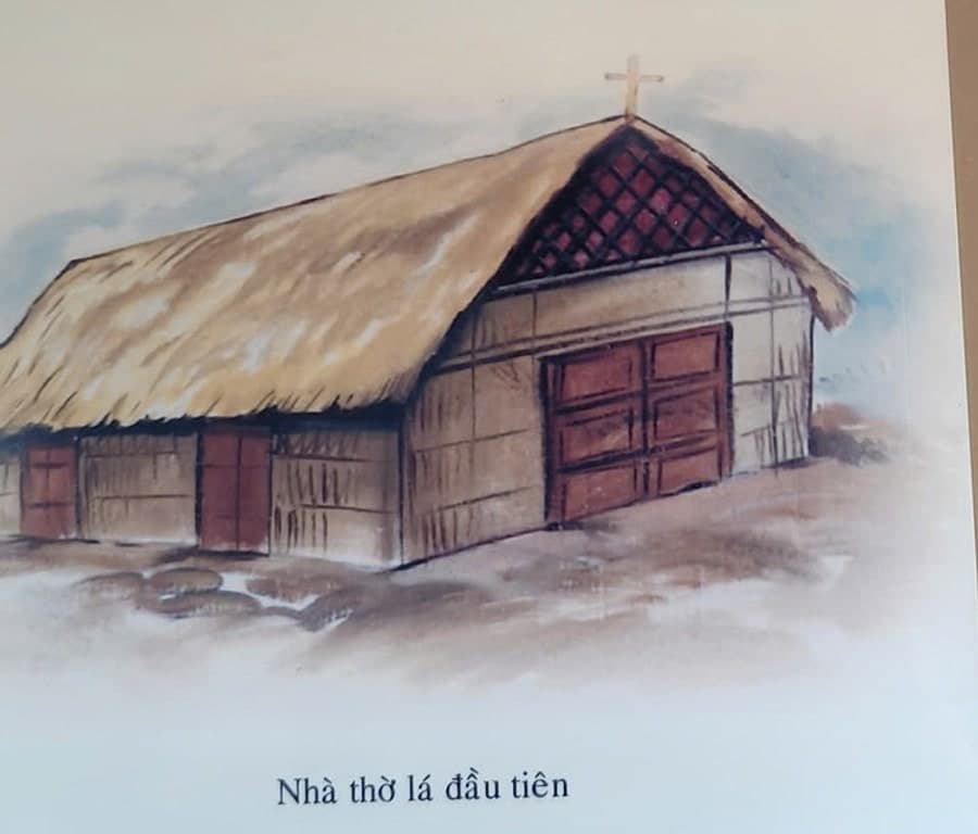 Nhà thờ lá đầu tiên — tranh phục dựng in trong Kỷ yếu 100 năm