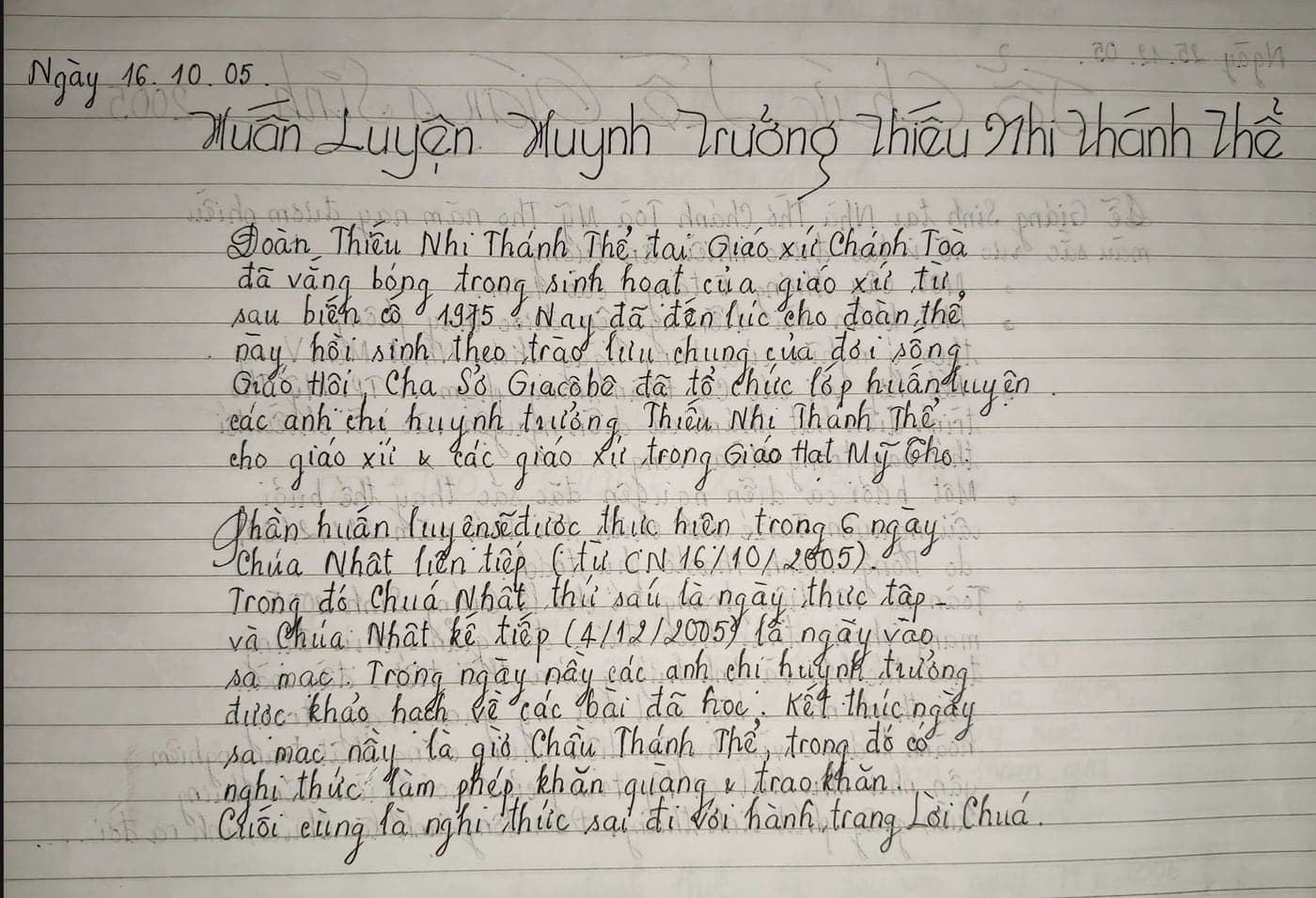 Trang sổ tay giáo xứ đề ngày 16.10.2005 ghi lại việc mở khoá huấn luyện Huynh Trưởng đầu tiên sau năm 1975.